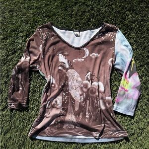 Yukiko Artistic Brown and Blue Long Sleeve Top